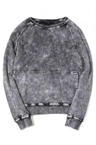 Men's New Fashion Simple Plain Vintage Washed Cotton Sweatshirt with Pocket