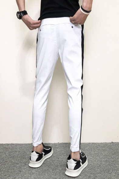 Men's New Stylish Colorblock Stripe Pattern Drawstring Waist Trendy Casual Slim Pencil Pants