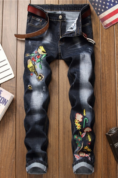 Men's Popular Fashion Floral Bird Embroidered Dark Washed Denim Jeans