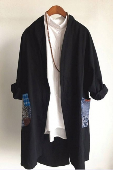Mens New Arrival Chinese Style Long Sleeve Print Open Front Black Long Coat