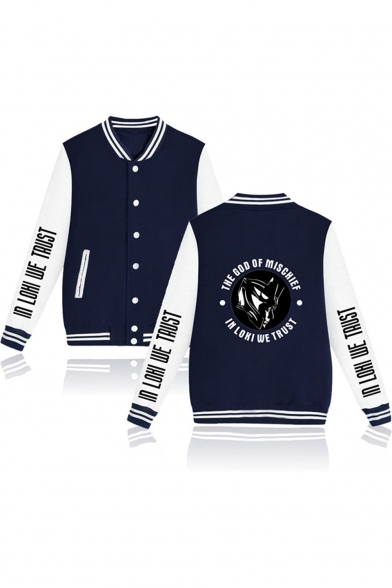 Mens New Stylish Comic Letter Printed Rib Stand Collar Long Sleeve Button Down Unisex Baseball Jacket