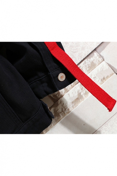 Mens New Stylish Letter Printed Long Sleeve Lapel Collar Button Down Black Denim Jacket