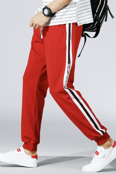 Mens Popular Contrast Stripe Side Letter Printed Drawstring Waist Casual Sports Track Pants