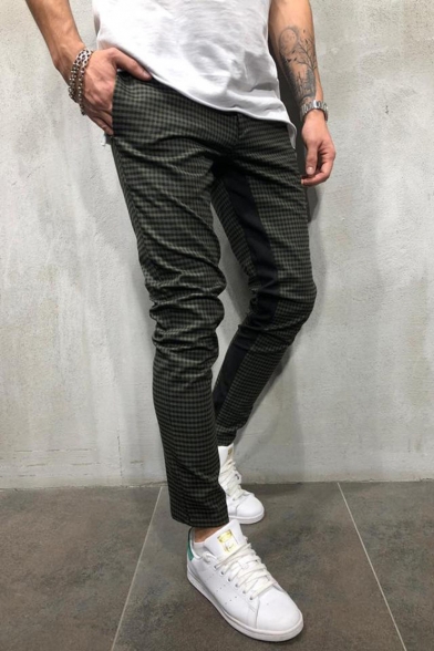Mens Popular Fashion Colorblock Plaid Pattern Slim Fitted Casual Sports Pencil Pants