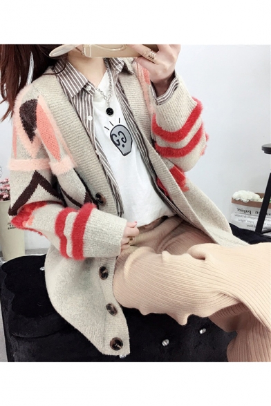 New Arrival Geo-Tribal Print V-Neck Drop Sleeve Button Cardigan for Women