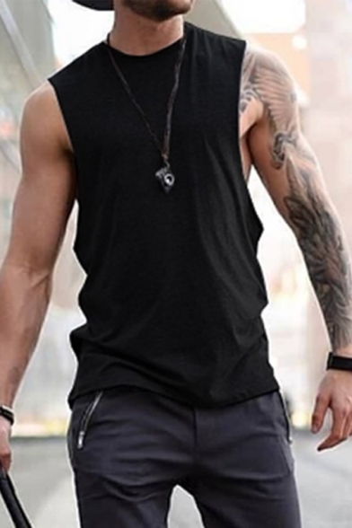 New Arrival Mens Simple Plain Sleeveless Round Neck Pullover Sport Tank Tee