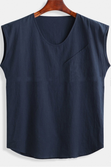 New Arrival Mens Sleeveless Round Neck Cotton Linen Casual Loose Tank T Shirt