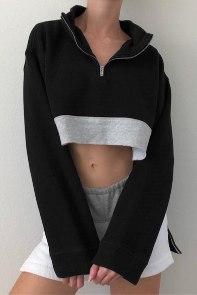 New Fashion Black Zippered Stand Collar Long Sleeve Color Block Loose Cropped Sweatshirt