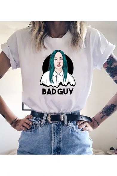 New Popular Singer Figure Printed Short Sleeve Round Neck White T-Shirt