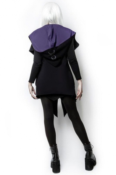 Halloween Moon Print Oblique Zipper Asymmetric Hem Long Hooded Coat
