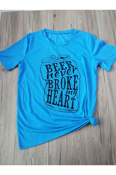 New Stylish BEER NEVER BROKE MY HEART Letter Printed Round Neck Short Sleeve Blue T-Shirt