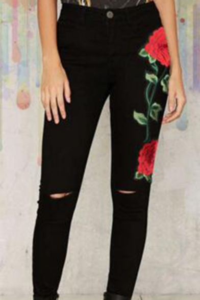 New Stylish Higt Waist Busted Knees Floral Embroidery Print Black Skinny Jeans