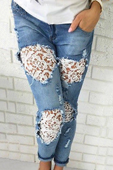 New Stylish Mid Waist Distressed Lace-Trimmed Ankle-Cuff Pockets Ankle Grazer Jeans