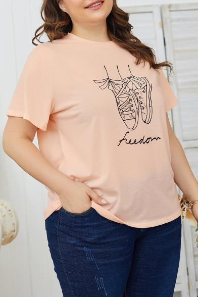 New Stylish Shoes Letter Pattern Round Neck Short Sleeve Loose Casual Pink T-Shirt