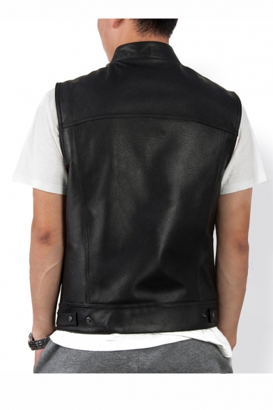 New Stylish Simple Plain Stand Collar Sleeveless Press-Stud Button Down Black Leather Moto Vest