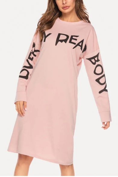 New Trend Round Neck Long Sleeve Letter Loose Casual Midi Shift Dress