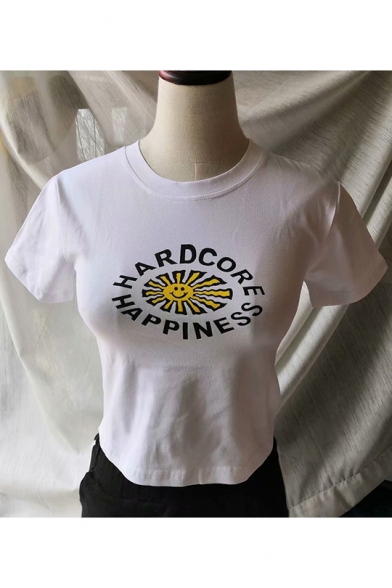 New Trendy HAPPINESS Letter Sunflower Print White Short Sleeve Fitted Crop Tee