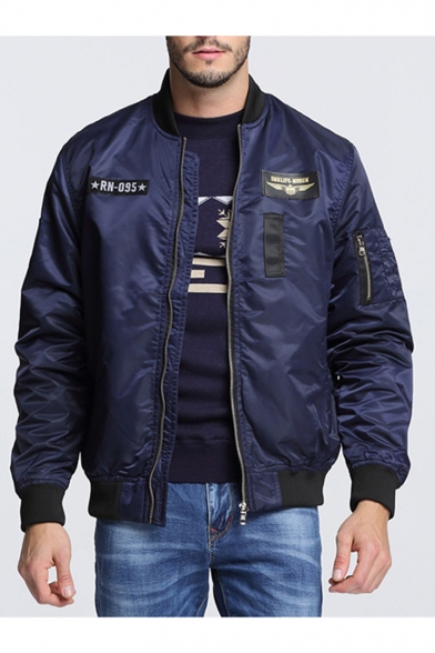 New Trendy Letter MILE FLY Plane Print Badge Patched Zip Closure Long Sleeve Bomber Jacket