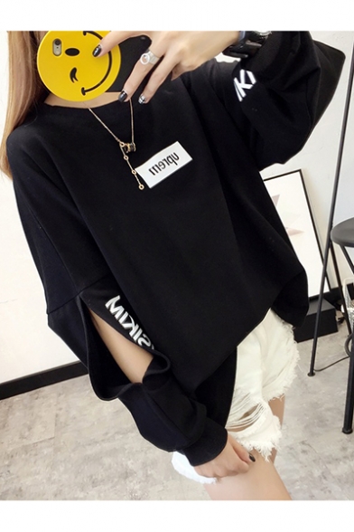 New Trendy MIKISYEM Letter Printed Cut Out Long Sleeve Loose Sweatshirt