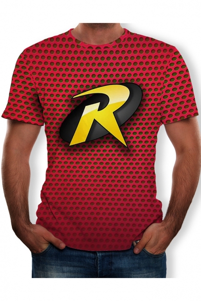 New Trendy Red Style Short Sleeve Round Neck R Letter 3D Printed Mens T Shirt