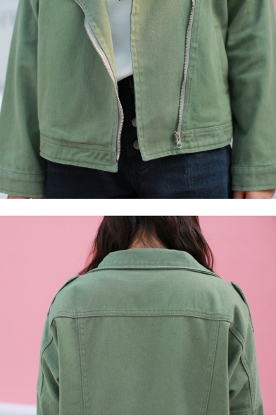 Notched Lapel Collar Army Green Solid Color Zip Up Workwear Denim Jacket