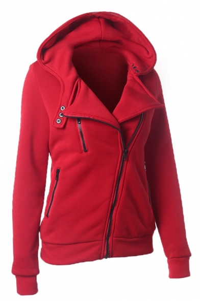 Plain Long Sleeve Notched Lapel Zipper Perforated Warming Hooded Coat