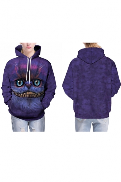 Popular Fashion Cheshire Cat 3D Printed Purple Long Sleeve Casual Loose Drawstring Pullover Hoodie