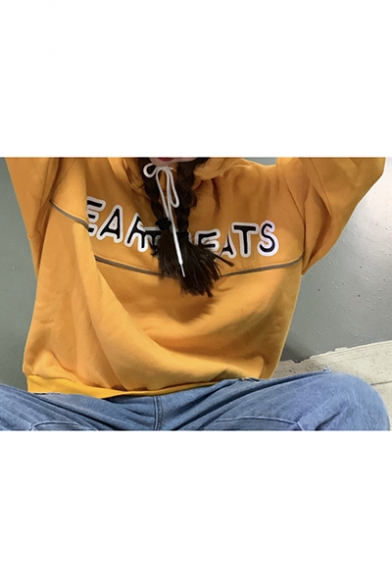 Popular Reflect Light Letter HEARTBEATS Print Long Sleeve Pullover Drawstring Loose Hoodie