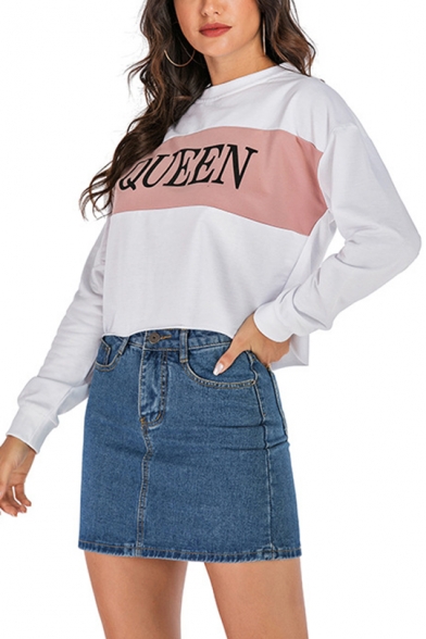 QUEEN Letter Printed Color Block Round Neck Long Sleeve White Cropped Pullover Sweatshirt