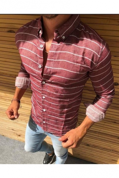 Special Long Sleeve Striped Print Slim Fit Cotton Linen Button Down Shirt for Men
