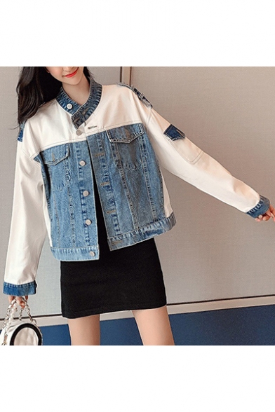 Stand Up Collar Color-Blocked Contrast Stripes Two-Tone Denim Jacket Coat with Pockets