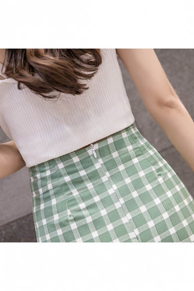 Stylish Elastic Waist Check Printed Bow Tie Midi A-Line Skirt