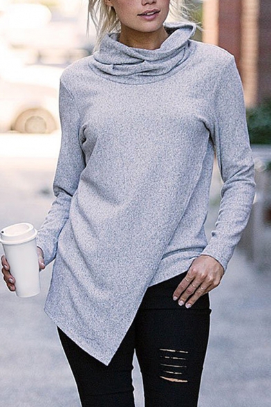 Stylish Irregular High Neck Long Sleeve Plain Casual Sweatshirt