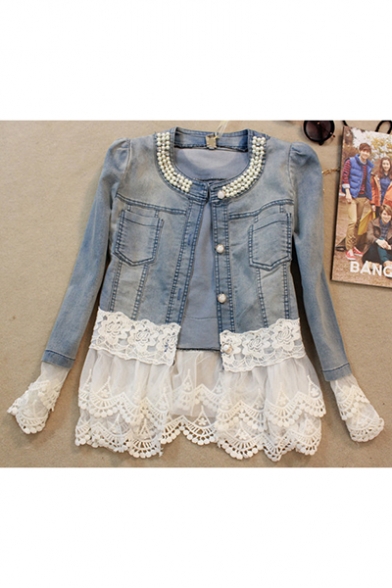 Stylish Lace Panel Studded Embellished Round Collar Single Breasted Fitted Jean Jacket Coat