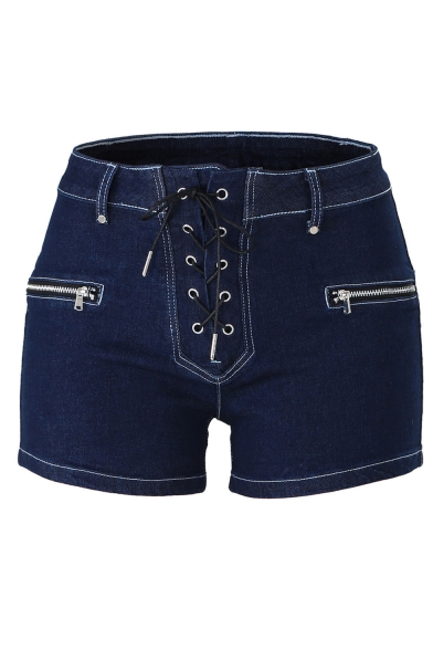 Stylish Navy Gather Waist Lace Up Front Zip Pocket Skinny Denim Shorts
