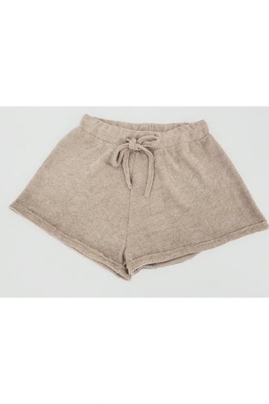 Summer Hot Stylish Brown Tie Waist Rolled Hem Loose Leisure Knitting Shorts