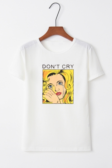 Summer Hot Stylish Letter DON'T CRY Comic print Round Neck Short Sleeve White Tee Top