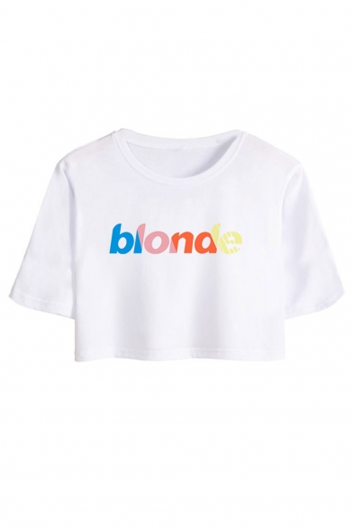 Summer Simple Letter BLONDE Printed Short Sleeve Round Neck Cropped Cotton T-Shirt