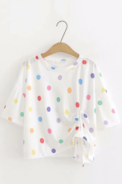 Sweet Womens Short Sleeve Round Neck Polka Dot Printed Drawstring Hem T Shirt