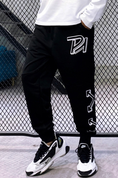 Trendy Letter Arrow Logo Printed Loose Fit Casual Sports Mens Black Track Pants