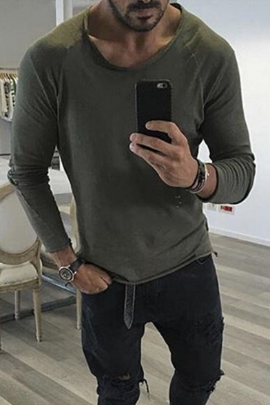 Trendy Personalized Mens Plain Long Sleeve Round Neck Slim Fit Tee