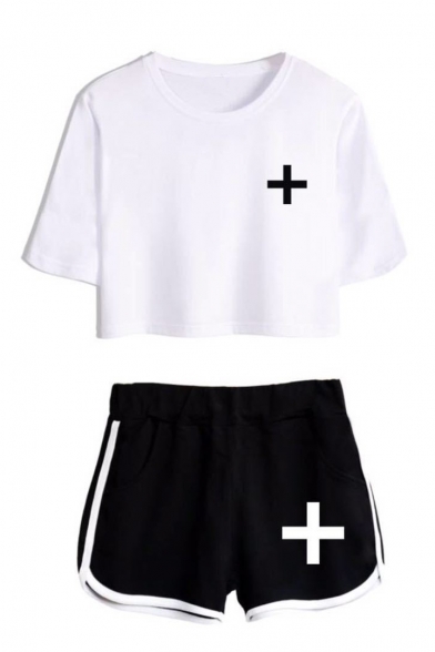 TXT Simple Logo Print Short Sleeve Cropped Tee with Loose Dolphin Shorts Sport Two-Piece Set