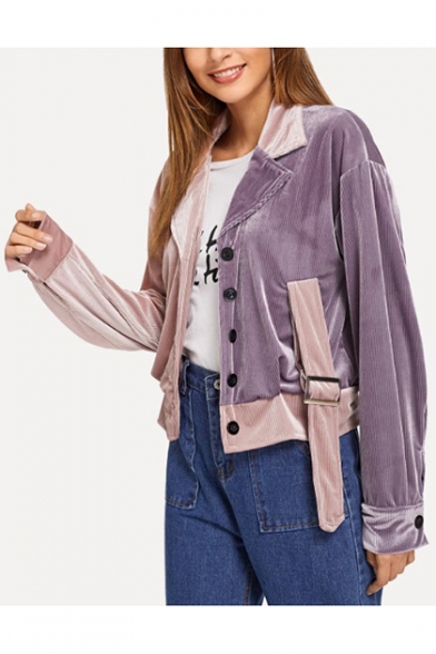 Unique Trendy Colorblock Two-Tone Notched Lapel Collar Single Breasted Pink and Purple Jacket