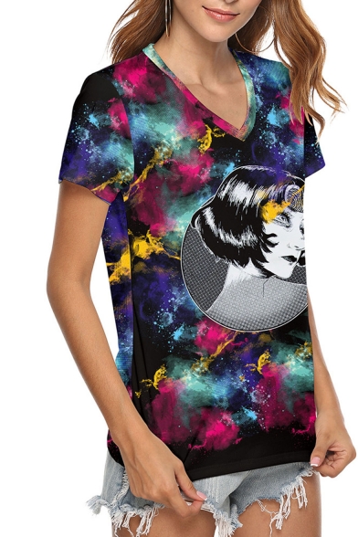 V neck Short Sleeve Cartoon Figure Printed Tie Dye Galaxy Classic T-Shirt