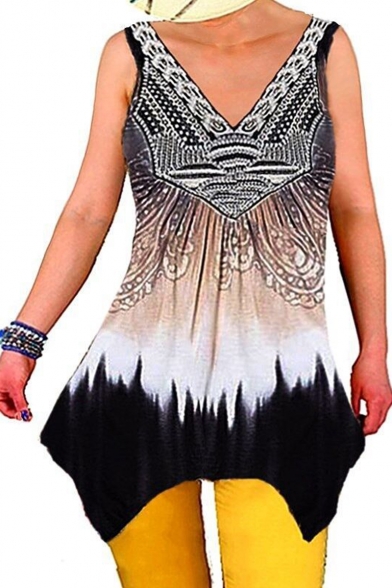 Women's Hot Fashion V Neck Sleeveless Tribal Print Asymmetric Hem Tank Top