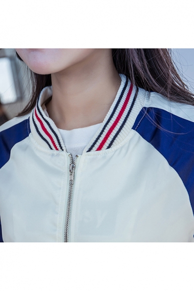 Women's Loose Contrast-Panel Long Sleeve Zip Up Baseball Jacket with Pocket
