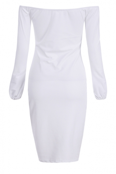 Women's Off the Shoulder Long Sleeve Ruched Midi White Sheath Dress