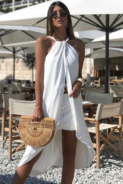 Womens Beach Sexy Halter Sleeveless Split Front Backless White Asymmetrical Swing Midi Dress