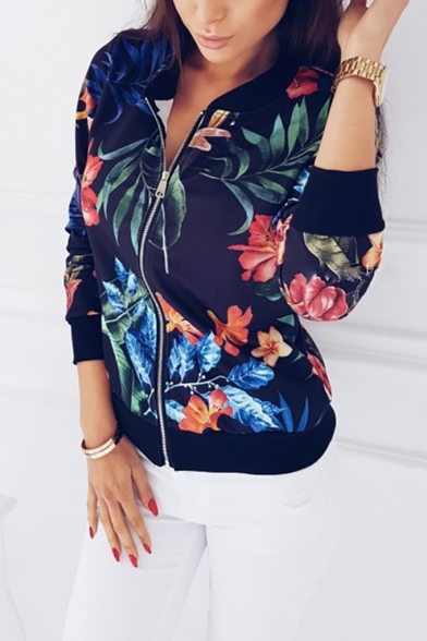 Womens Fancy Floral Leaf Printed Stand Collar Long Sleeve Zip Up Baseball Jacket