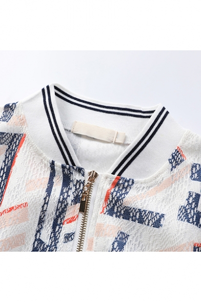 Womens Fashionable Geometric Print Standing Collar Casual Baseball Jacket